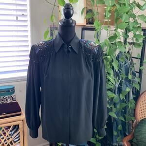 Vintage 80s Joseph Ho Black Silk Beaded Shoulder Long Sleeve Button Up Shirt Top